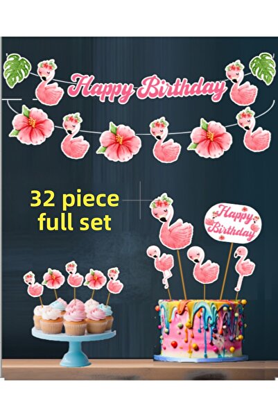 Hiras Dizayn Set complet de 32 de piese Set de decorațiuni pentru ziua de naștere cu flamingo roz Banner + Paleta pentru tort + Set de decorațiuni pentru cupcake