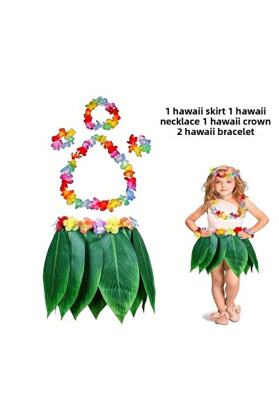 CANSA Children's Hawaiian Costume Set - Leaf Skirt Hawaiian Set - 5 Pieces