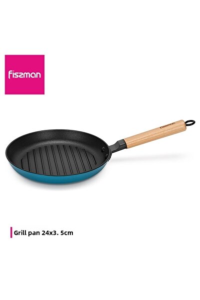 Fissman Grill Pan 24x3.5cm With Wooden Handle (Enamel Cast Iron)