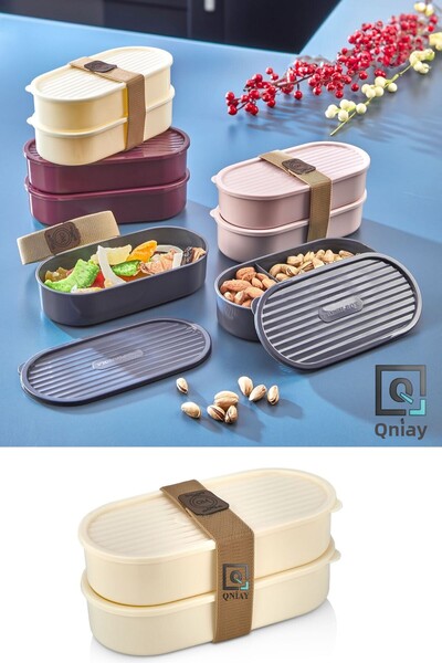 QNİAY 2-Pack Ecru Plastic Storage Container with Lid, 500 ml