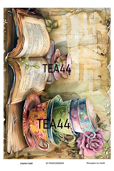 LİNEART Tea, Teapot, Cup, Book, Flowers Pattern Tea Series Brass Decopage Pap...