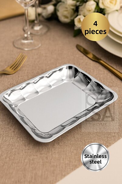 ÖzSa Home 4Pcs Stainless Steel Rectangular Boat Plate Fruit Salad Plate Presentation Bowl