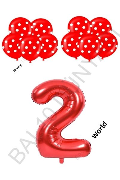 BAL10 DÜNYASI Bal10 Red Number and Red and White Polka Dot Balloon Set Age 2