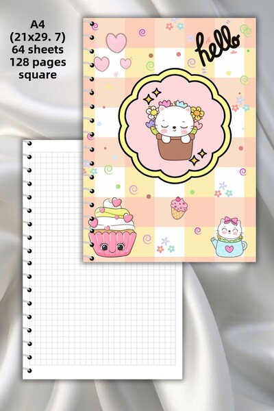 daily notebook Hello Checkered Kawaii A4 School Notebook - 64 Sheets (21x29,7...