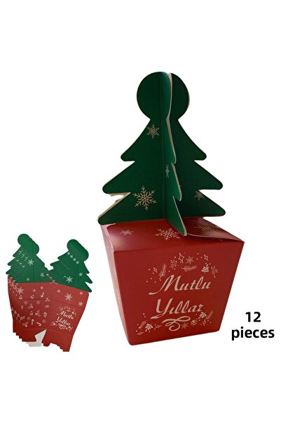 roco paper صندوق هدايا بمقبض شجرة الصنوبر للعام الجديد، 12 قطعة، حفلة رأس السنة، ديكور، صندوق زينة، 6 × 6 × 16 سم