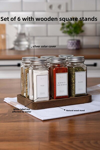 EVLE Set of 6 Rectangular Spice Racks with Silver Wooden Stand