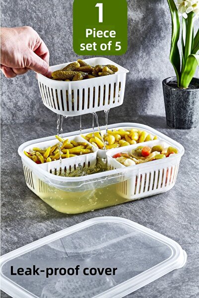 grimorlife 1 Piece 4-Compartment Leak-Proof Storage Container with Strainer, Pickle Holder, 3.2 L Deep Freezer and Microwave
