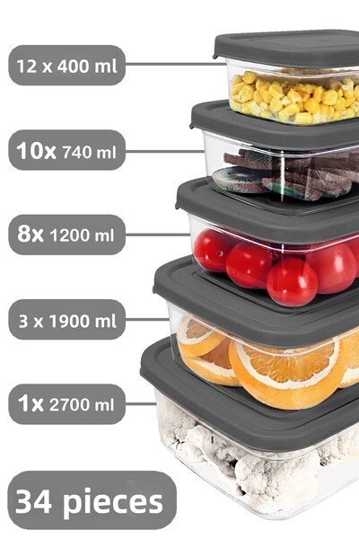 Meleni Home Rectangular Food Set of 34 - Microwave Safe Strong Organizer Gray