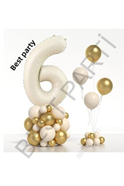 BEST PARTİ DOĞUM GÜNÜ PARTİ SÜSLERİ Beige Number Foil and Chrome Pastel Ballo...