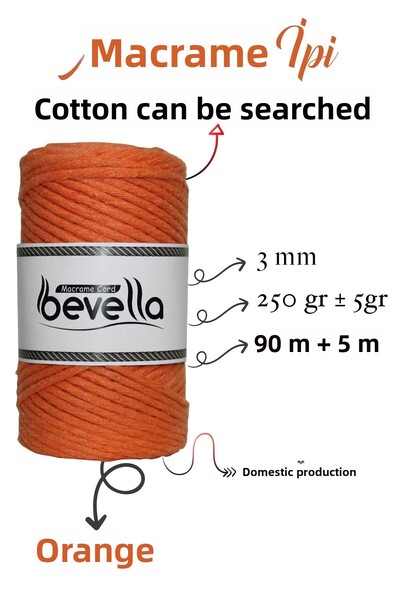 Bevella Macrame Cord 3mm Μονό Περιστρεφόμενο Βαμβακερό Σχοινί Μακραμέ - Πορτοκαλί