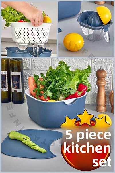 İnfeta 5 Piece Multi-Purpose Mixing Bowl Bowl Kitchen Set with Strainer, Lemon Squeezer, Cutting Board