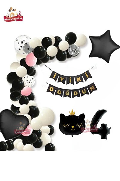 Bkmc Set de aniversare cu model de pisică neagră de 4 ani - Banner cu stea inimă