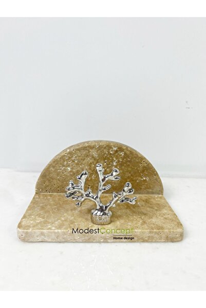 Modestmar Travertine Marble Napkin Holder Silver Coral Object Semicircle Napk...