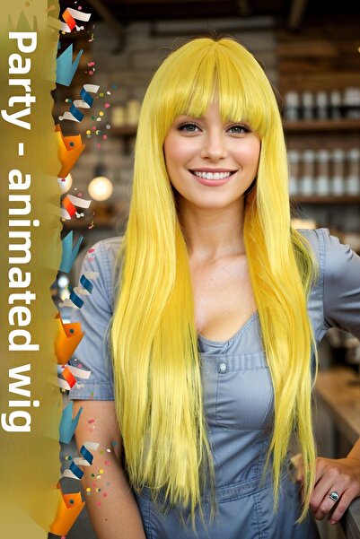 KONAK PERUK Perucă galbenă lungă din fibre sintetice cu breton - pentru petre...