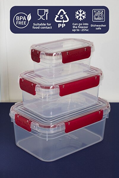 Fesya Home Freska 3-Piece (375-900-1700 ml) Leakproof Rectangular Storage Container Set with Gasket - Claret Red