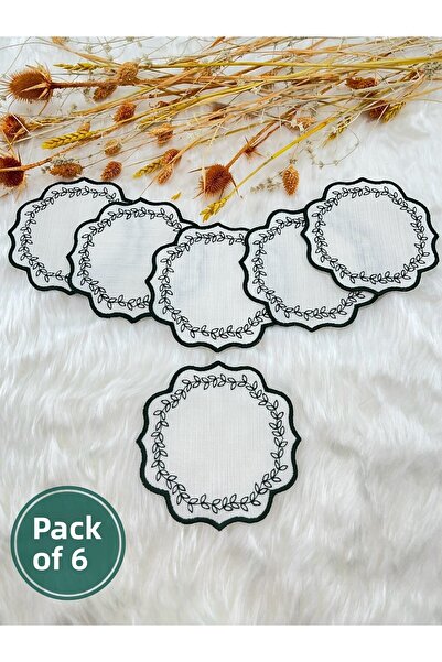 Mora Tekstil Leaf Embroidered Coffee Coaster, Presentation Napkin, Coffee Side Napkin, 6-Piece Cocktail Napkin, Coaster