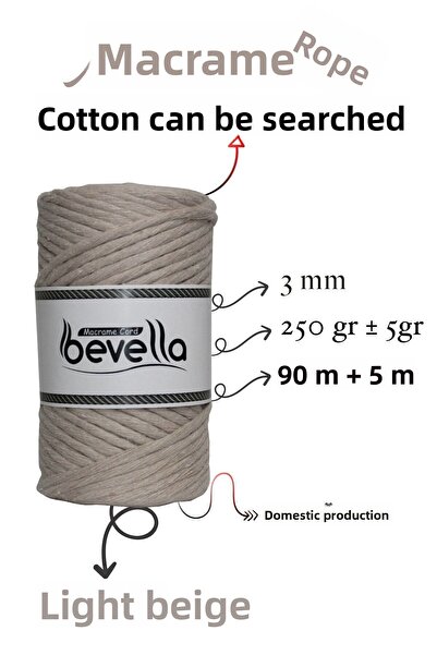 Bevella Macrame Cord Taranan Macrame Thread 3mm Single Twist Scannable Cotton Macrame Thread Light Beige