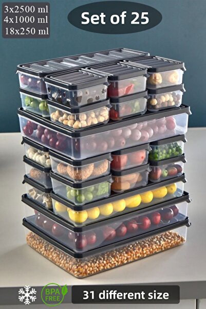 KRM HOME 25 Pieces Gray Storage Container - Microwave Compatible, 3X2500Ml 4X1000Ml 18X250Ml