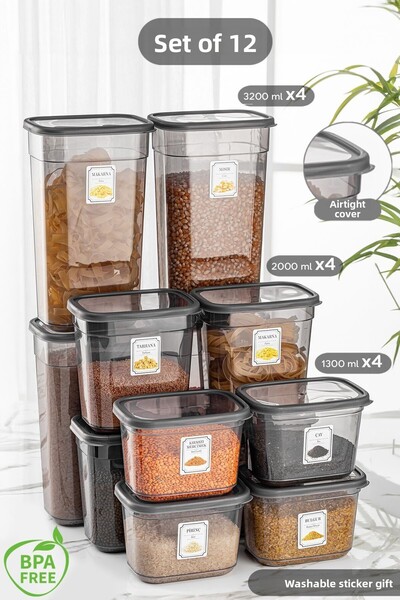 Meleni Home Set de 12 recipiente de depozitare dreptunghiulare Daisy Mega cu etichete, compatibile cu cuptorul cu microunde și cu congelatorul 4x(1,3 LT-2 LT-3,2 LT)