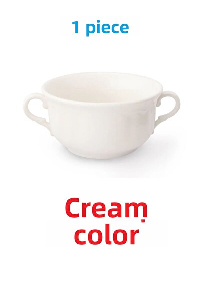 melik's حاوية حساء من البورسلين بمقبض مزدوج بلون كريمي - وعاء آيس كريم 12 سم ...