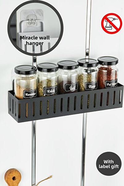 vipgross SET OF 5 METAL WALL HANGING SPICE RACKS - SPICE RACK WITH METAL SHELF - BLACK 30 CM SHELF