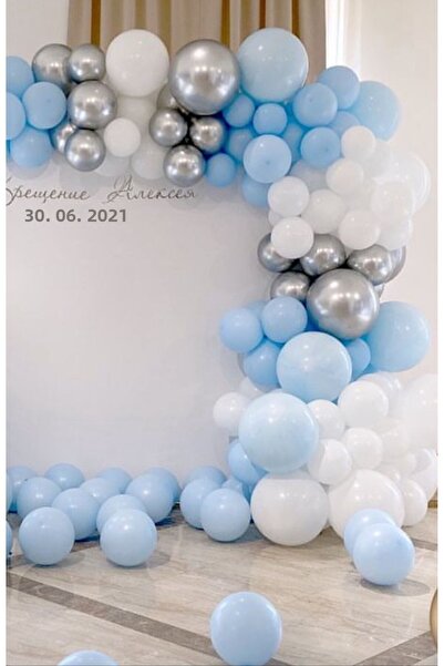 Çemrek Süs Parti Chrome Silver Baby Blue White Balloon Chain Set of 100