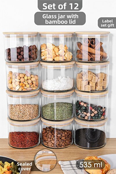 Meleni Home 12-Piece Bamboo Lid Glass Storage Container - Vacuum Lid with Label, Food Spice Glass Spice Rack 535 ml