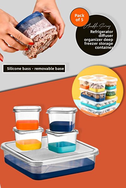 Anadolu Saray 5 Pcs Silicone Based Press Release Refrigerator Freeze Deep Freezer Organizer Storage Container Set