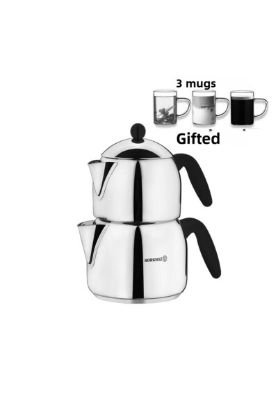 KORKMAZ طقم إبريق شاي متوسط الحجم - 3 أكواب زجاجية