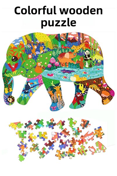 kutuTR سلسلة حيوانات خشبية ملونة من Notpa - أحجية على شكل فيل، للأعمار من 5 سنوات والكبار، أحجية الصور المقطوعة مقاس 40 × 30 سم