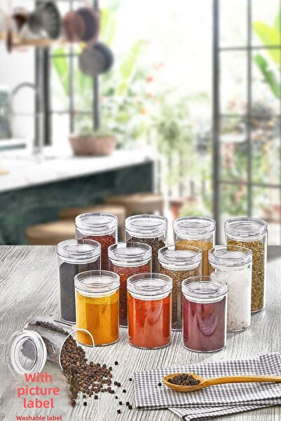 Comprox 12 Pieces Acrylic Vacuum Lid Round Spice Bowl Set with Illustrated Label 300 ml - Spice Bowl Set