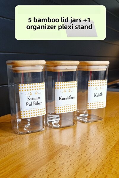 color house 5 قطع من رف التوابل بغطاء من الخيزران وحامل منظم من البلكسيجلاس