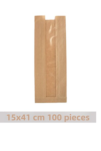 OLİ Art 15x41cm Kraft Paper Bag with Window - 100 Pieces Side Gusset Packaging Gift Package