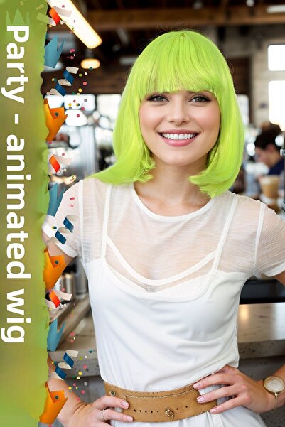 KONAK PERUK Perucă sintetică din fibre cu breton galben neon - petrecere / an...