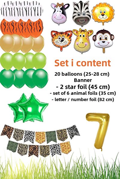 Patladı Gitti Safari Concept 7 Years Birthday Party Celebration Set; Number & Star Foil, Banner & Balloon Chain