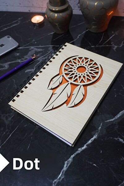 markcat Dream Catcher Themed Notebook with Wooden Cover - Dotted Agenda and School Notebook (A5 - 120 Pages)