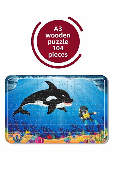 Baskı Atölyesi لغز خشبي لطيف الحوت A3 مكون من 104 قطعة