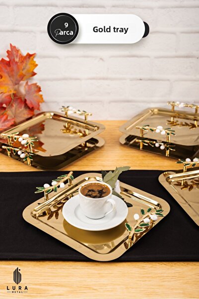 Skygo 6-Piece Olive Branch Gold Coffee Presentation Tray Set - 22 cm Design Fitting Elegance and Elegance