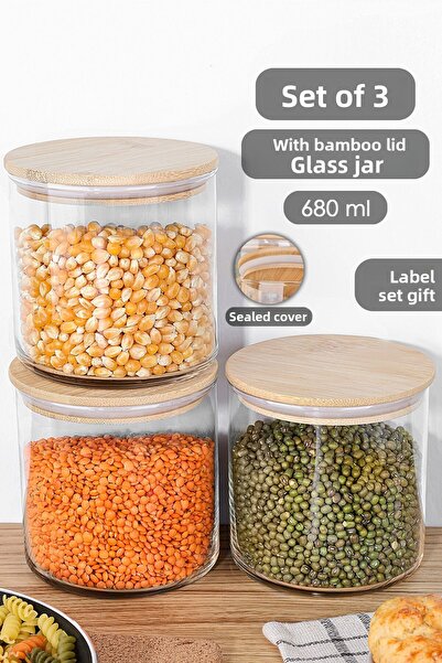 Meleni Home Bamboo Lid Glass Jar - 680 ml Vacuum Pill Pulses Ration Set 3 Pieces