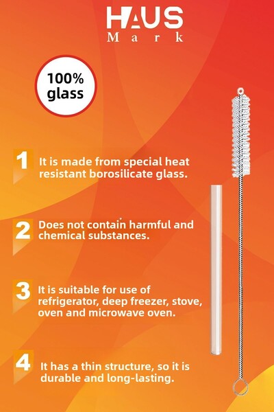 HAUSMARK 4 Flat Glass Straws 13cm, 1 Cleaning Brush, First Quality thermosilicate borosilicate coffee cup
