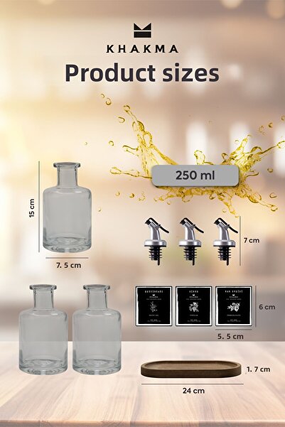 KHAKMA Transparent 3-Piece 250 Ml Olive Oil Vinegar Pomegranate Syrup Oil Pot with Wooden Stand Black