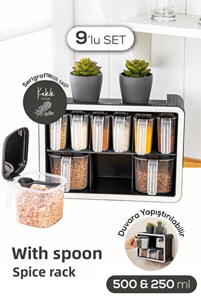 Vienev Set de 9 suporturi pentru condimente cu linguri autoadezive cu etichete alb serigrafiate negru