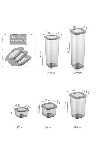 Eynel 1200ml Gray Square Storage Container Silicone Lid Airtight Dry Groceries Coffee Pulses Pasta Box