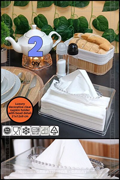 Greathings 2 Luxury Bead Detailed Clear Napkin Organizer - Napkin Holder and Dispenser