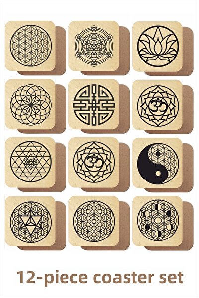 UNT مجموعة مكونة من 12 قاعدة أكواب خشبية ذات طابع مختلط