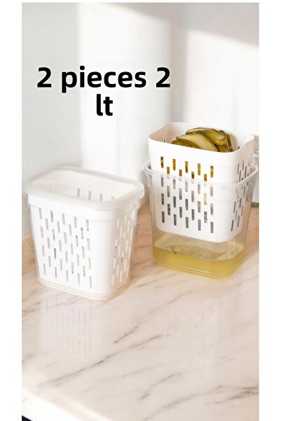 Buclee Set of 2 Rectangular Storage Containers with Drainer - Pickle Holder, Olive Holder, Multi-Purpose (2 X 2Lt)