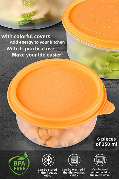 Meleni Home Set of 6 Orange Food Storage Containers - Round Food Organizer, 6X250Ml
