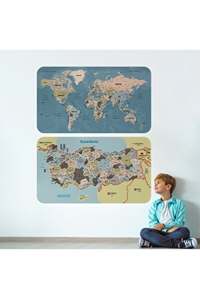 Harita Sepeti Educational Tutorial World And Turkey Map Children's Room Wall Sticker-3889
