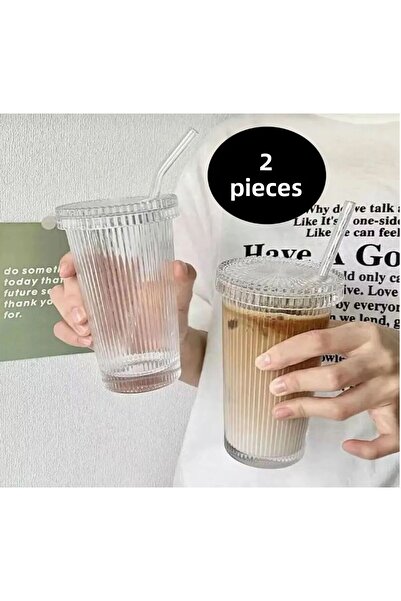 Snow Homs 400 ml Origami Style Glass Cup - 2 Pieces, with Glass Lid and Straw, Coffee and Presentation Cup, Soft Drink Cup