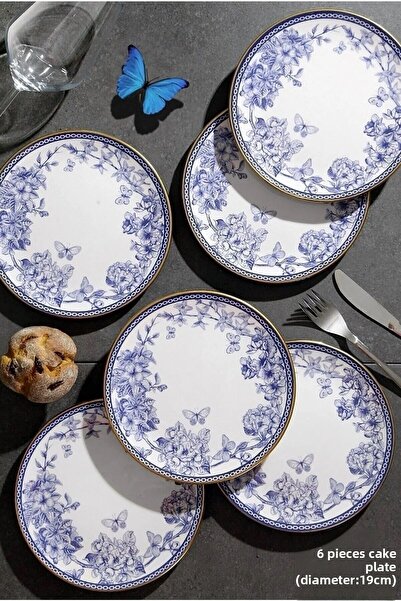 Pinkev طقم أطباق تقديم الإفطار مكون من 24 قطعة من السيراميك مع كعكة الشاي والكؤوس - أزرق ذهبي